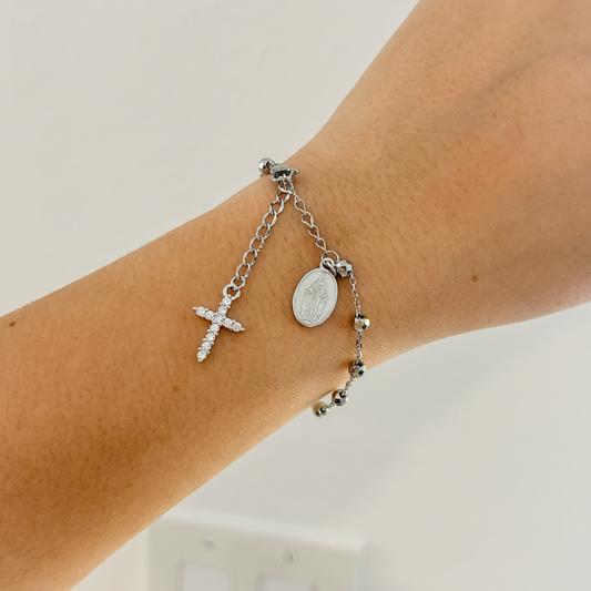 Pulsera cruz - bolitas - plata