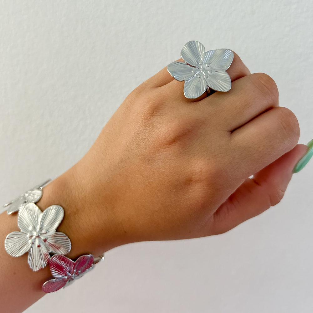 Sortija Hibisco - plata - ajustable