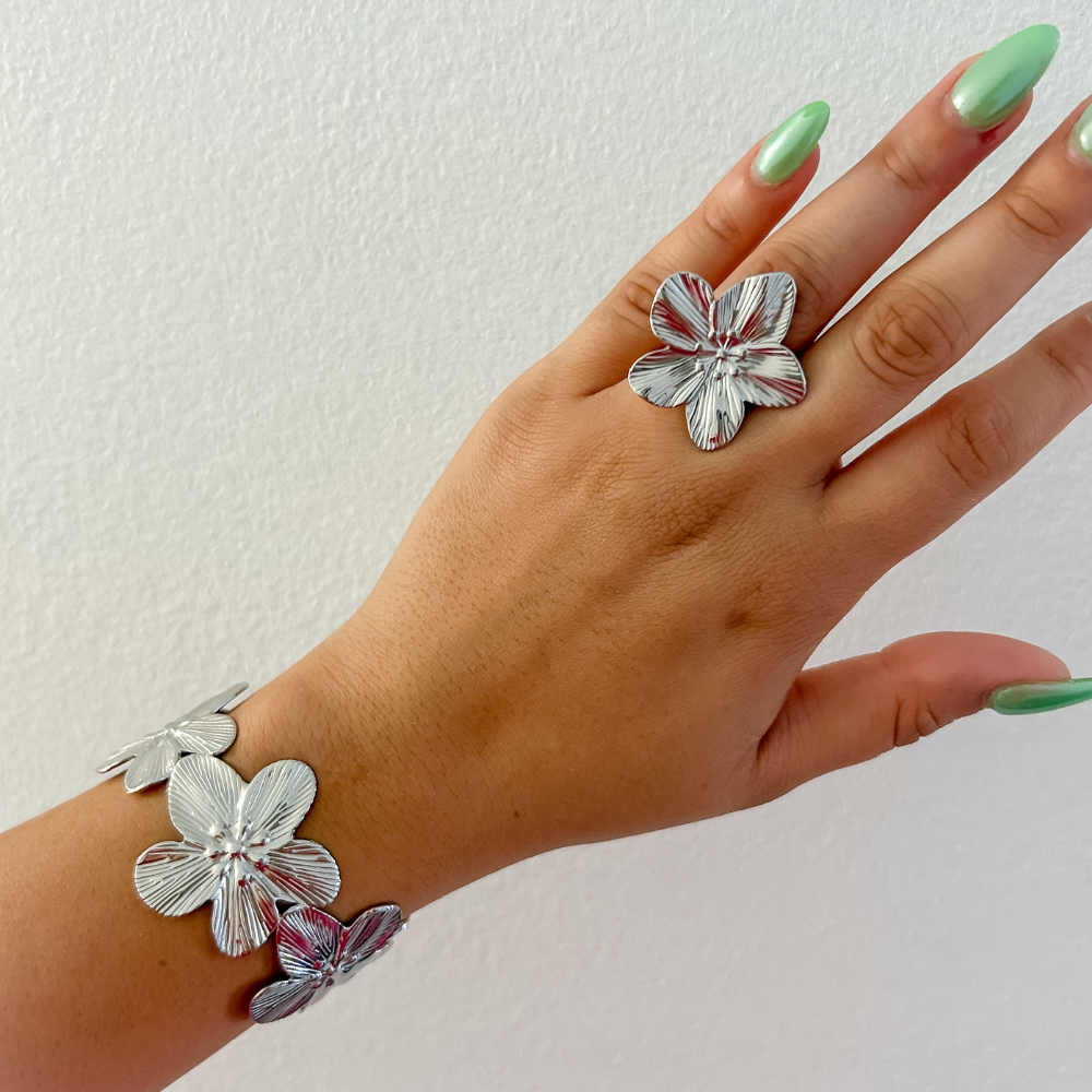 Sortija Hibisco - plata - ajustable