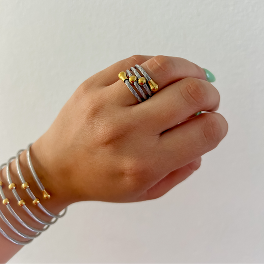 Sortija bolitas - dos tonos - dorado y plata