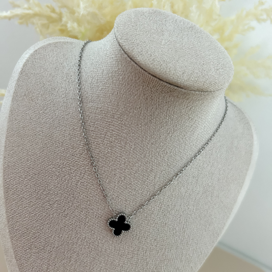 Collar trébol negro - plata