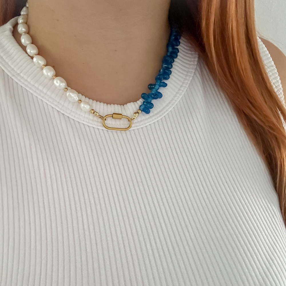 Collar perlas - chips azul - dorado