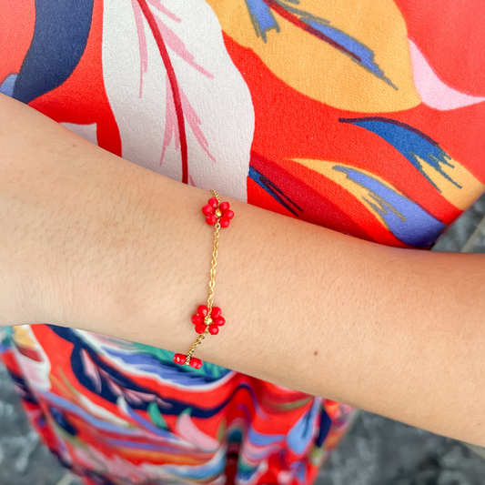 Pulsera flores - rojo - dorado