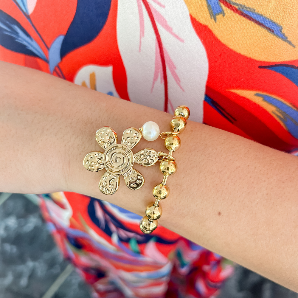 Pulsera militar flor y perla - dorado