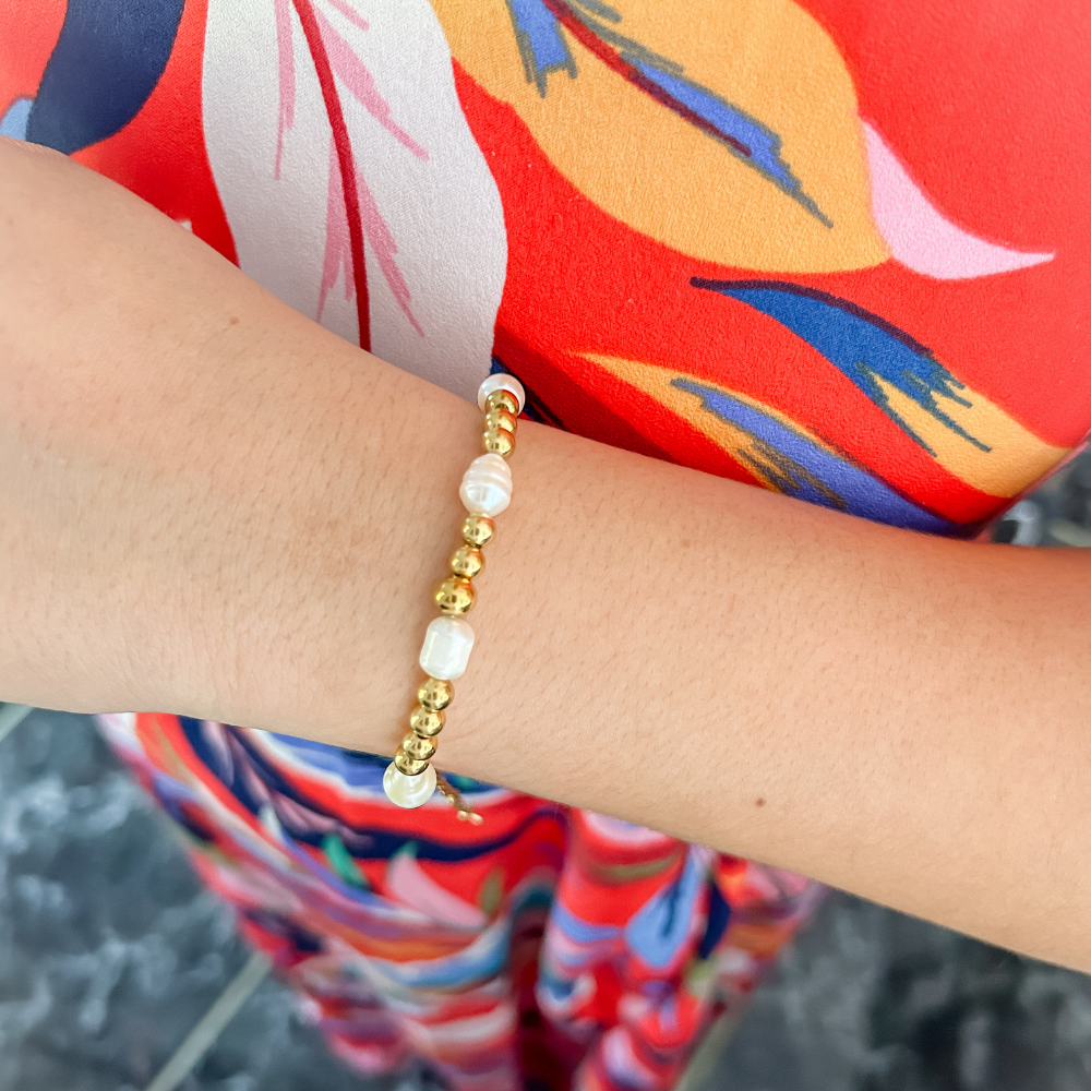 Pulsera bolitas y perlas - dorado