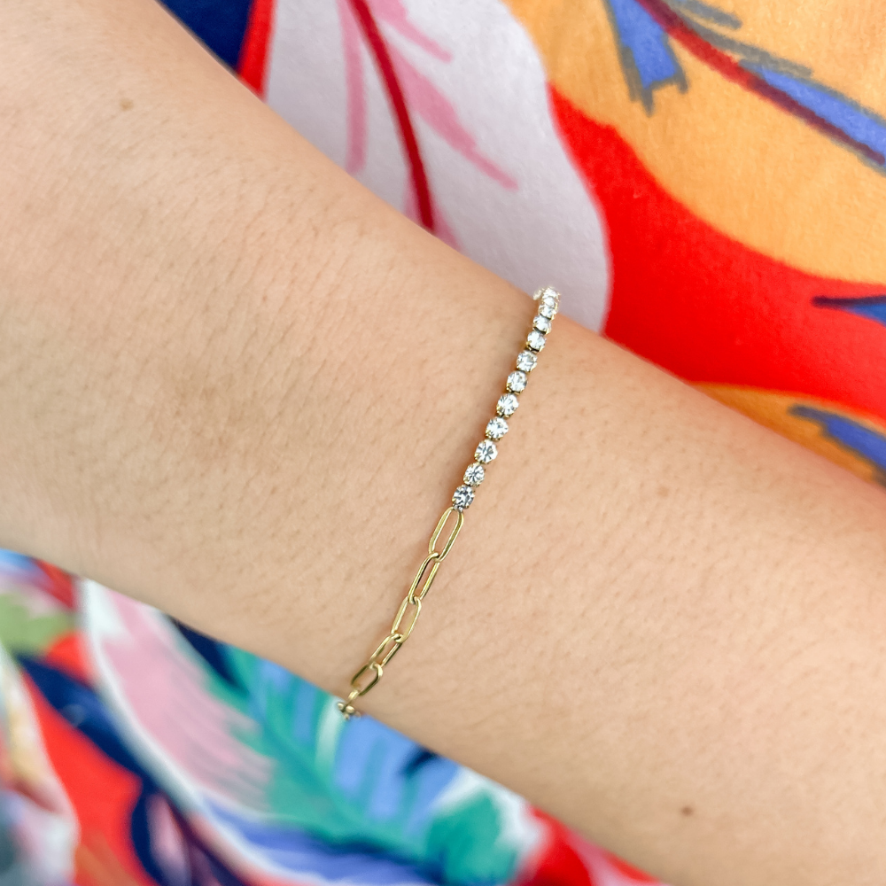Pulsera paperclip - zirconia clear - dorado
