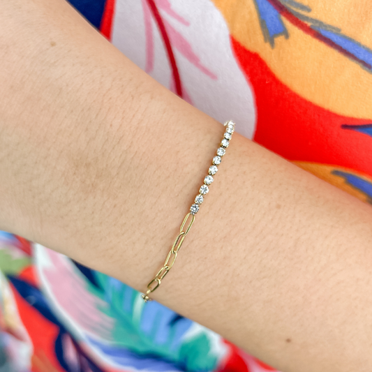 Pulsera paperclip - zirconia clear - dorado
