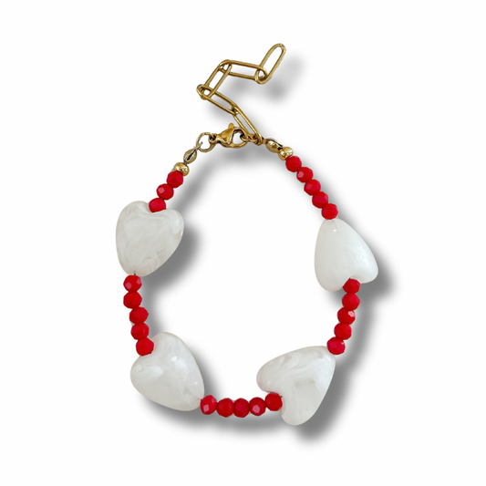 Pulsera corazones blancos - rojo - dorado