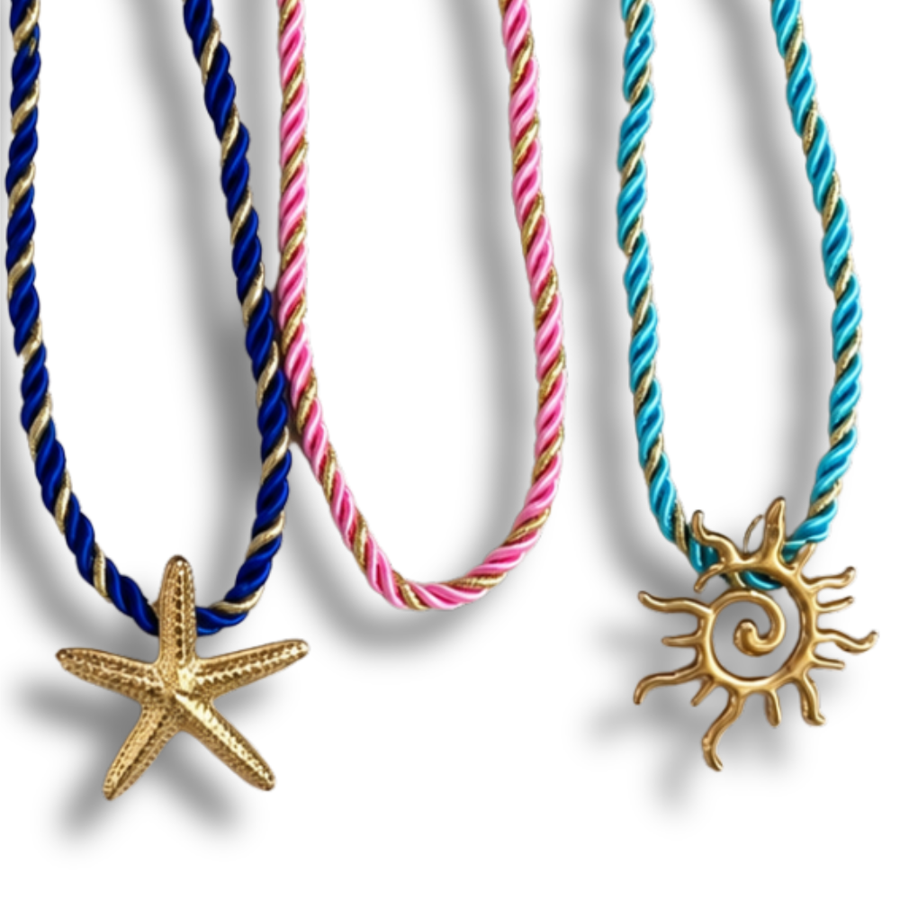 Collar trenzado - estrella de mar, caracol, sol - dorado