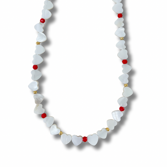 Collar corazones nácar - rojo - dorado