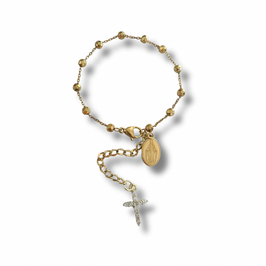 Pulsera cruz - bolitas - dorado