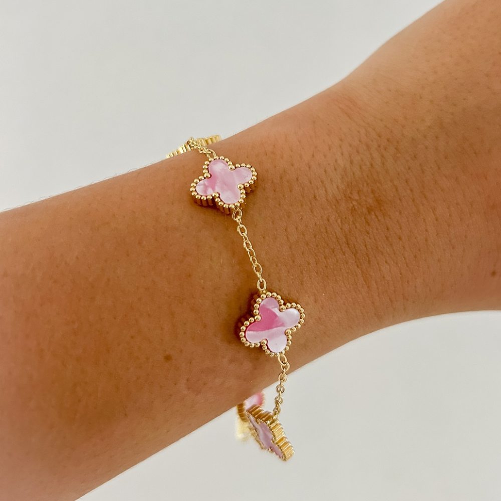 Pulsera trébol rosa - dorado