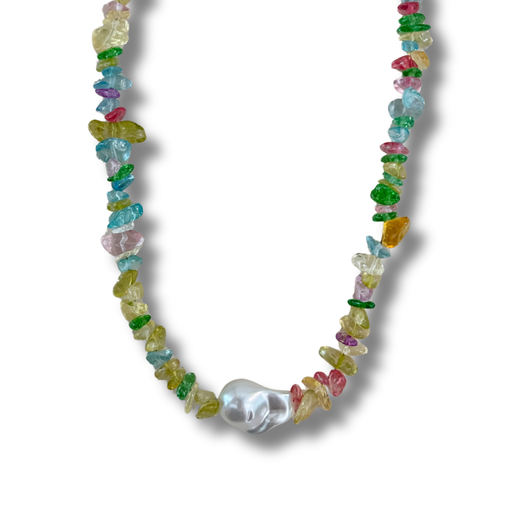 Collar perla - chips colores - dorado