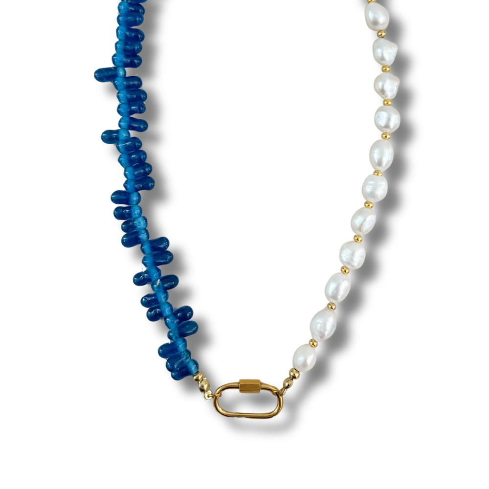 Collar perlas - chips azul - dorado