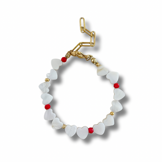 Pulsera corazones nácar - rojo - dorado