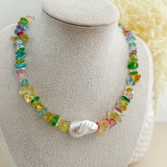 Collar perla - chips colores - dorado