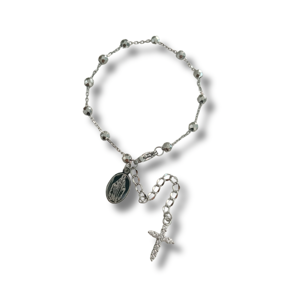 Pulsera cruz - bolitas - plata