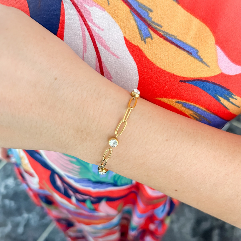 Pulsera paperclip - zirconia - dorado