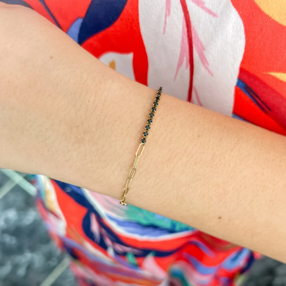 Pulsera paperclip - zirconia negro - dorado