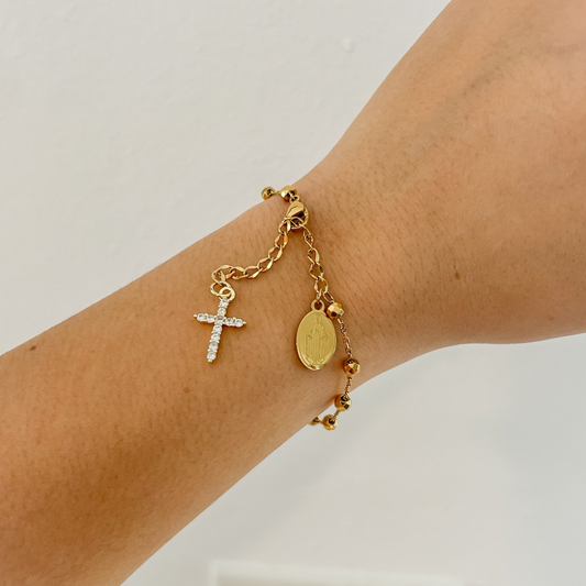 Pulsera cruz - bolitas - dorado