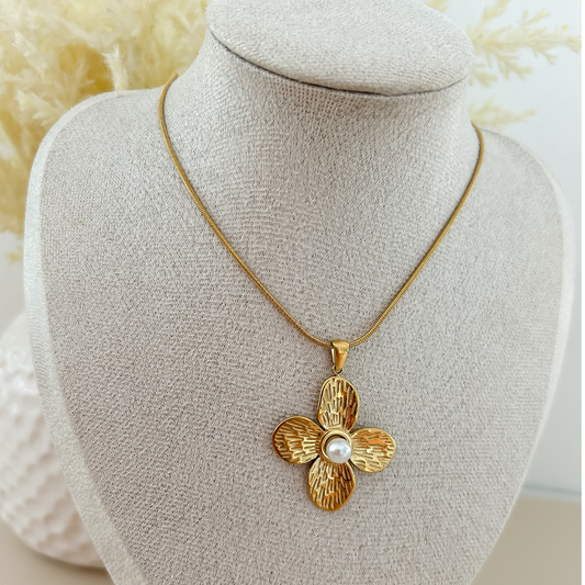 Collar flor - perla - dorado