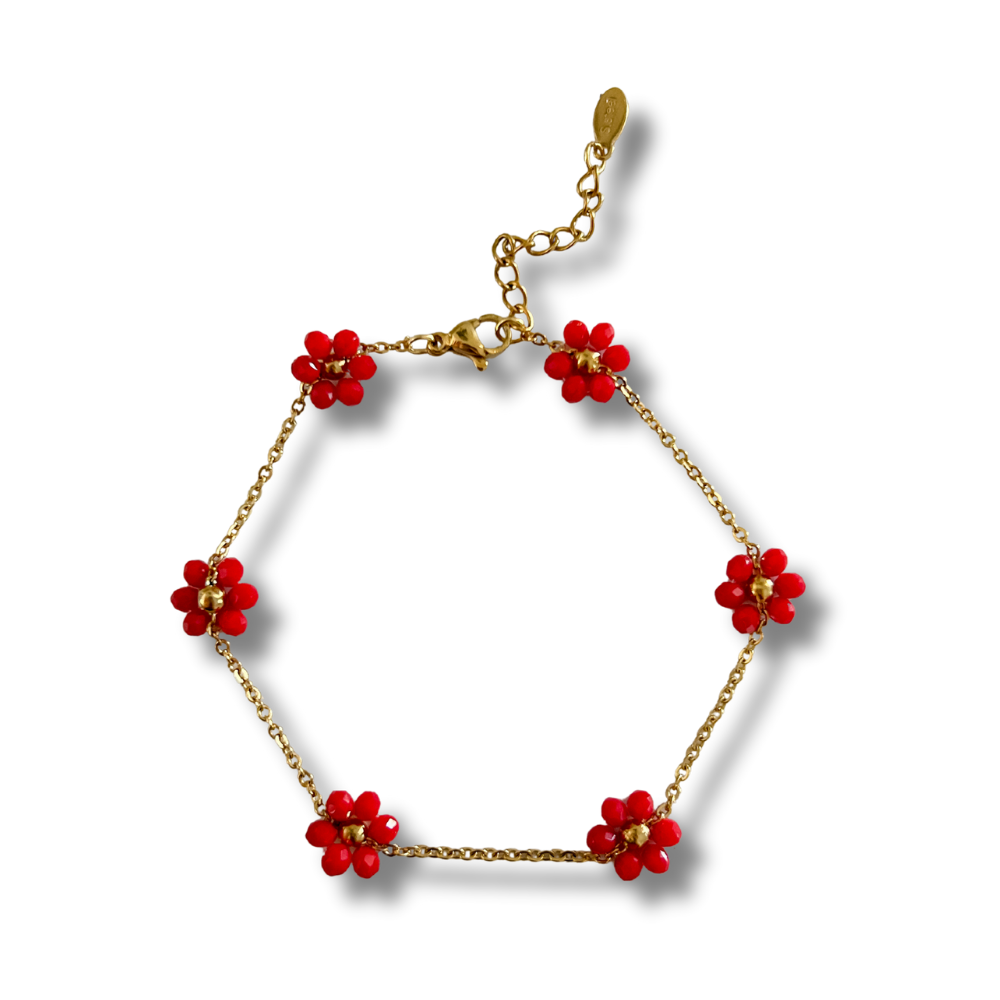 Pulsera flores - rojo - dorado