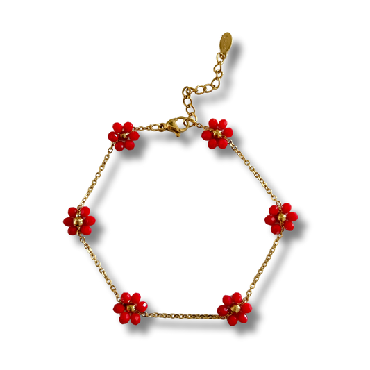 Pulsera flores - rojo - dorado