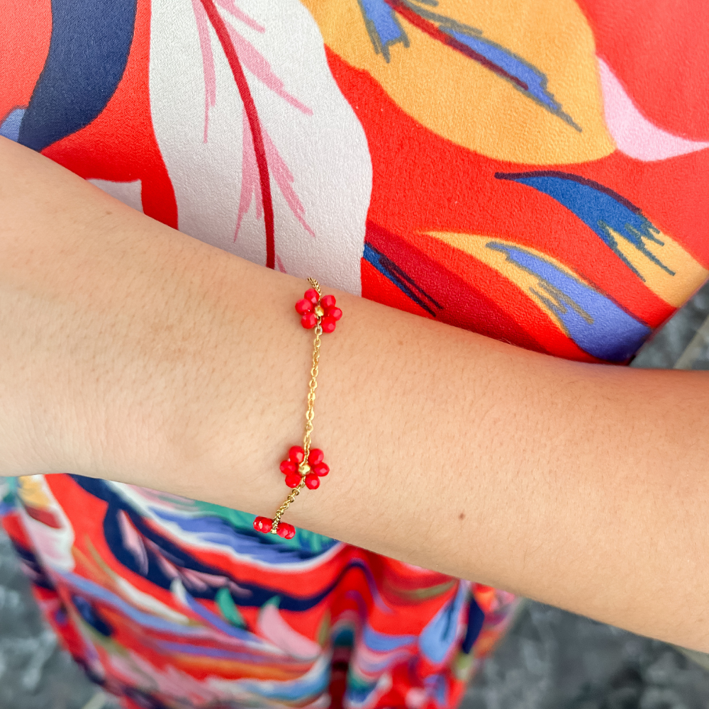 Pulsera flores - rojo - dorado